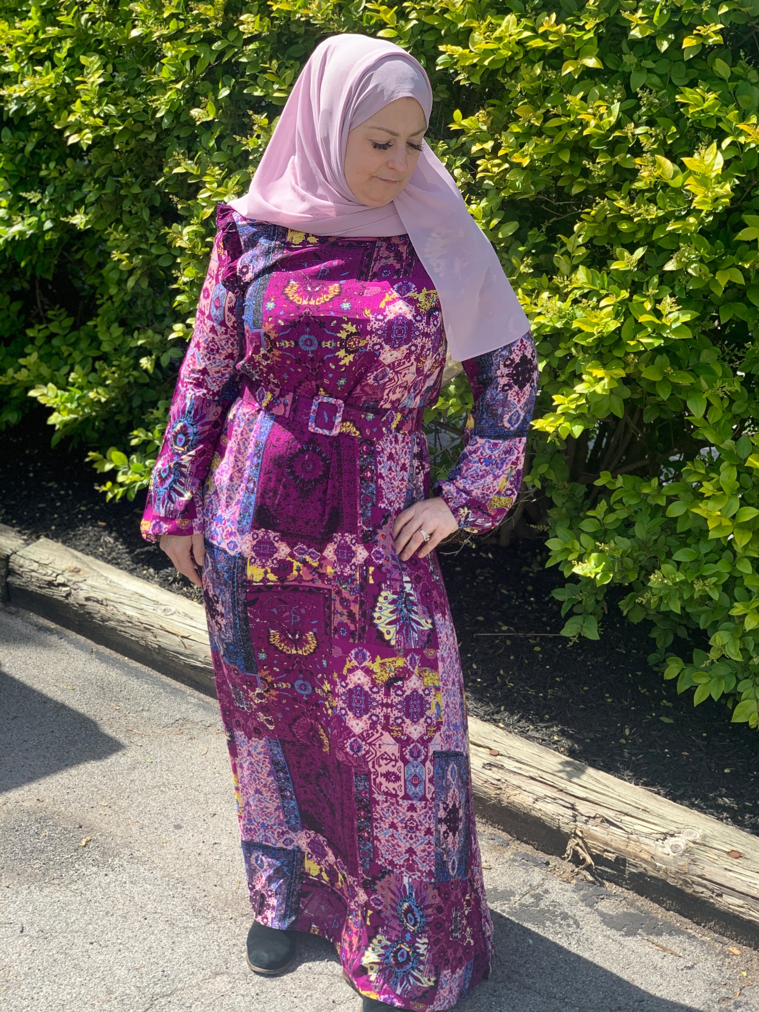 purple multicolored long sleeve cotton abaya maxi dress with belt