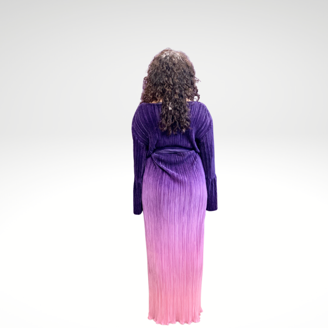 Conservative Long Sleeve Gradient Pleated Maxi Dress