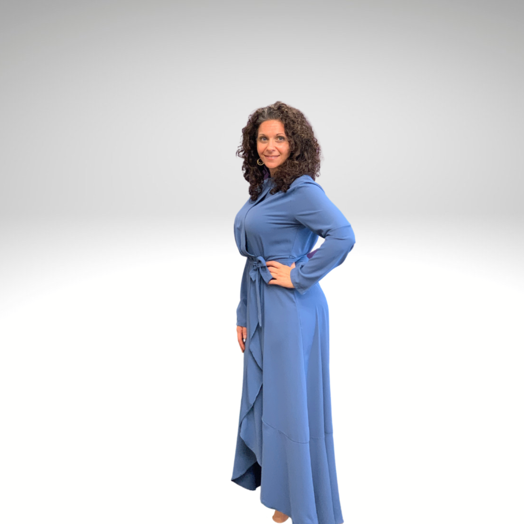 Long Sleeve Blue Wrap Modest Dress
