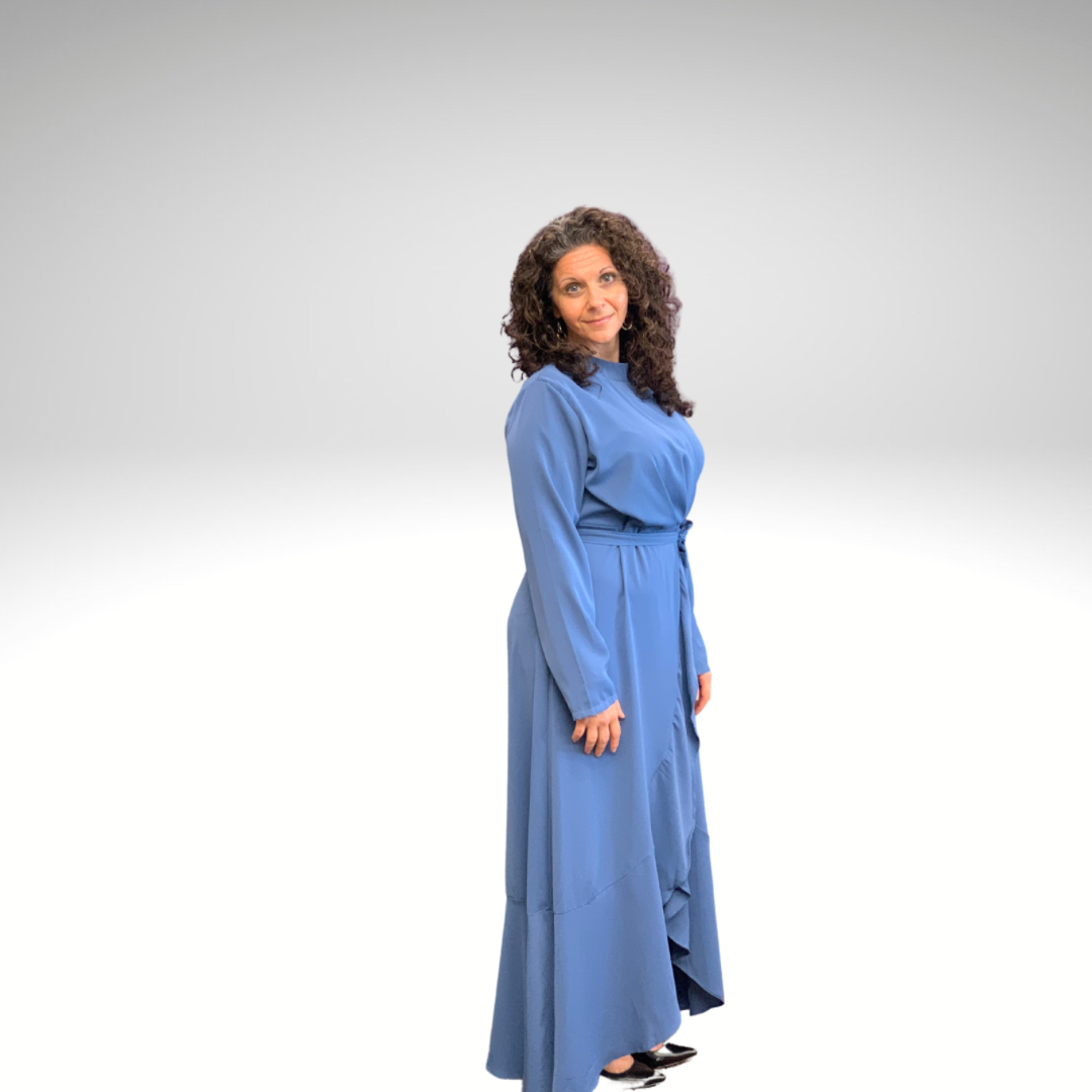 Long Sleeve Blue Wrap Modest Dress