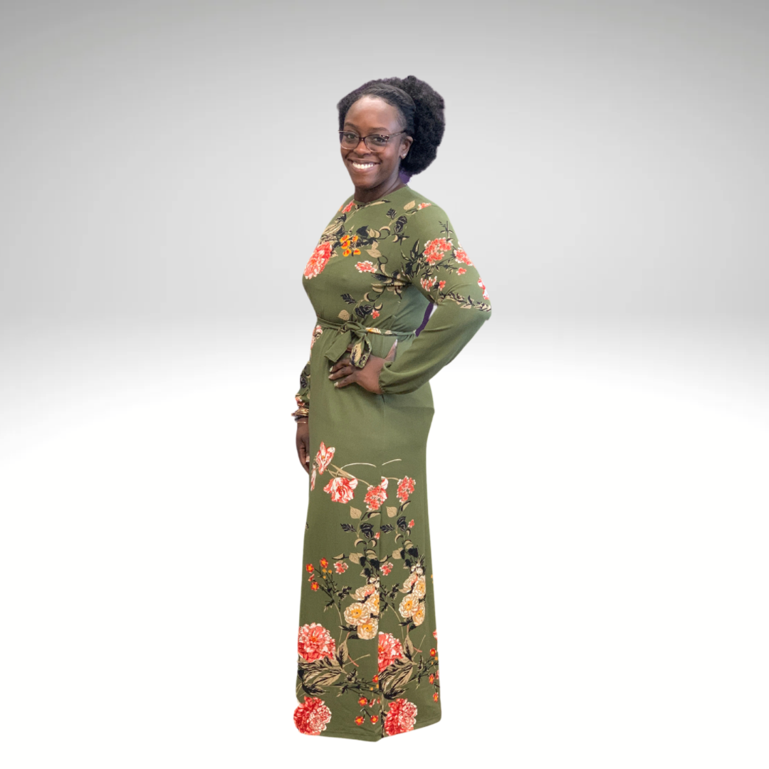 Green floral pattern lightweight long sleeve maxi dress  right sideview