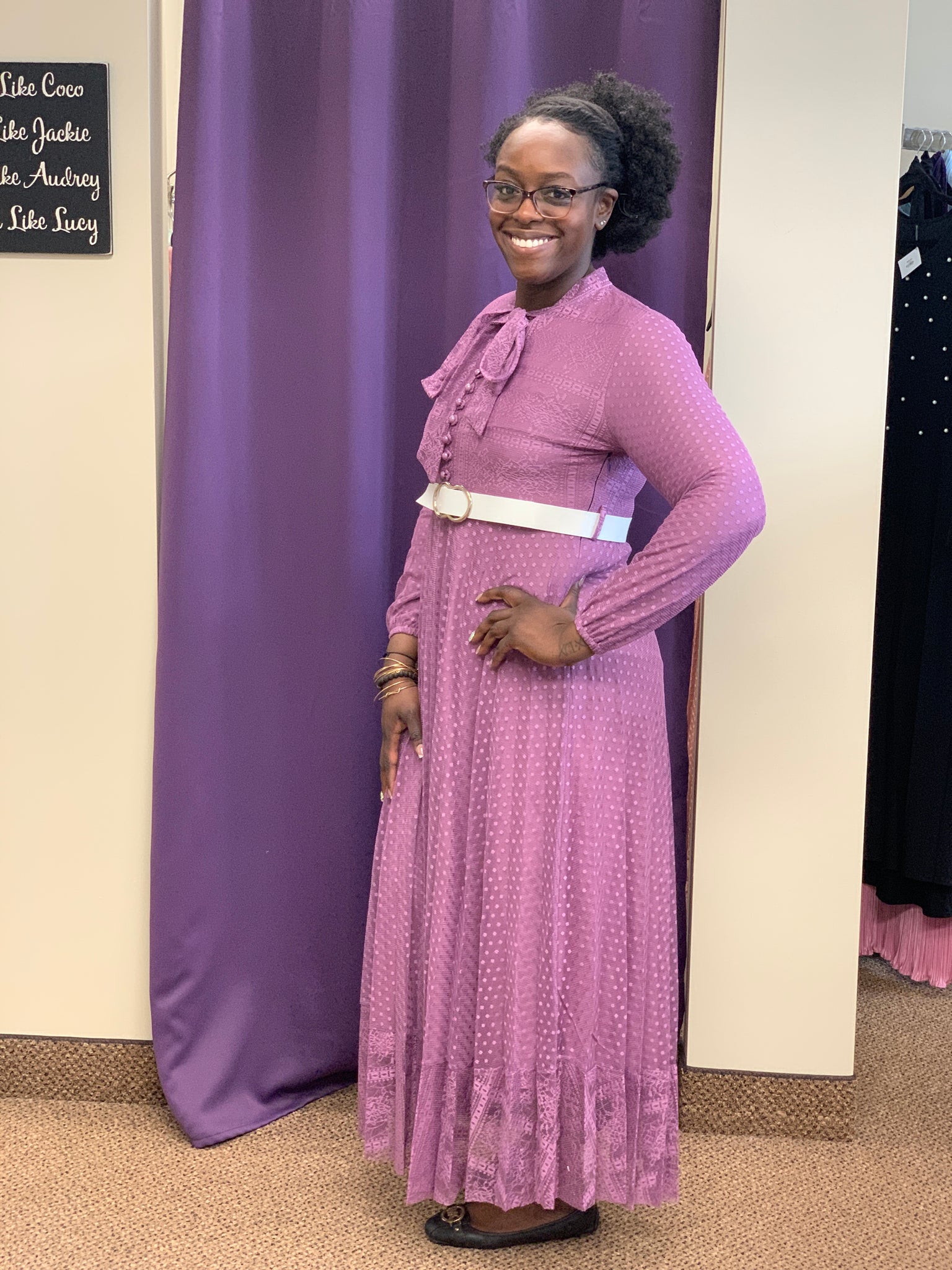 Purple  Color Lace Exquisite Detailed Line Long Sleeve Maxi Dress with White Belt