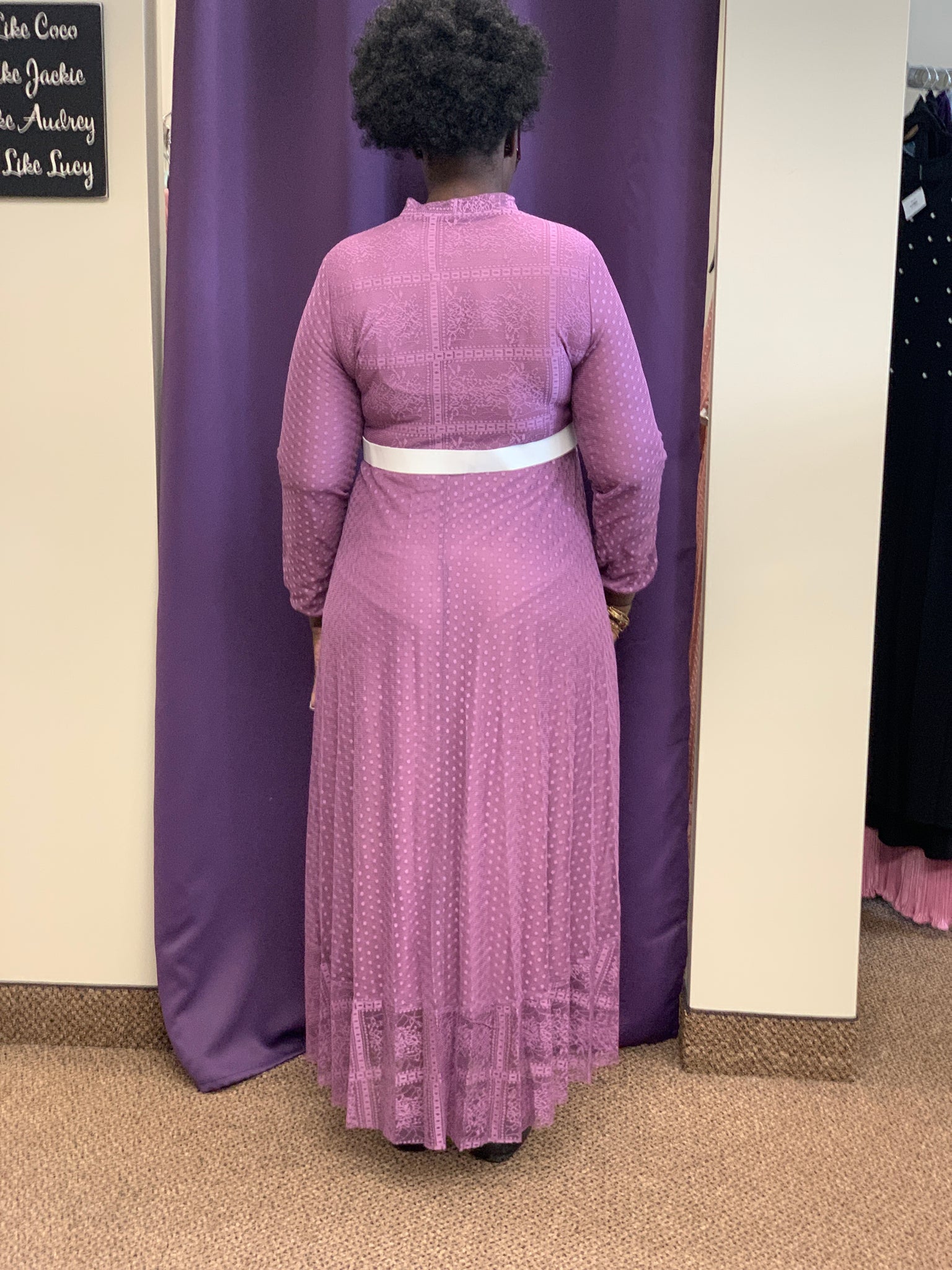 Purple  Color Lace Exquisite Detailed Line Long Sleeve Maxi Dress with White Belt