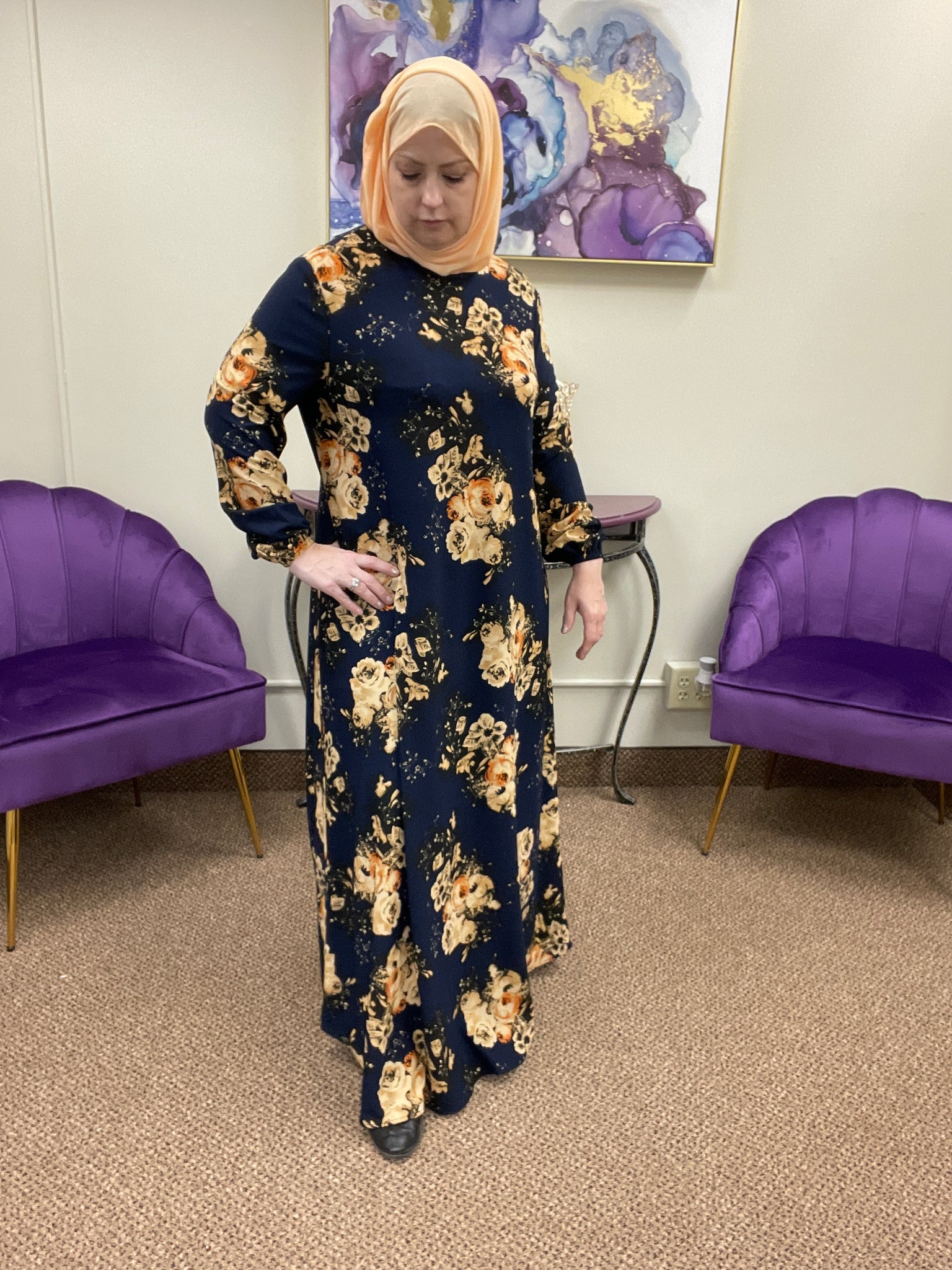 Navy Blue Floral Pattern Full Coverage Long Sleeve Maxi Dress