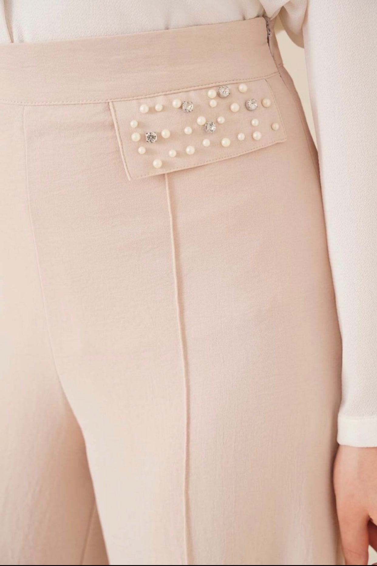 Pearl Embellished Pleated Pants