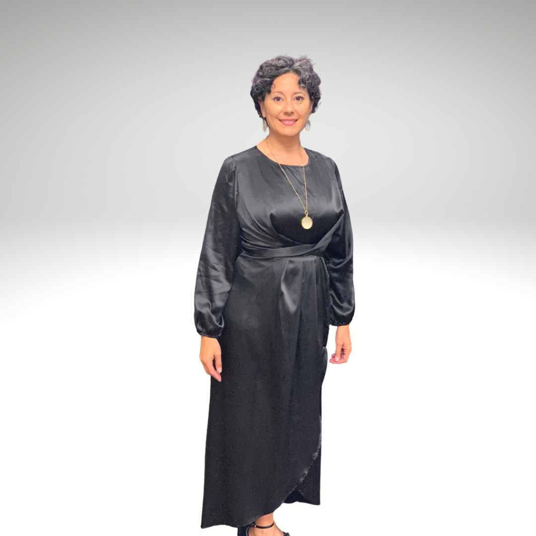 Modest Black Colored Satin Dress with a Wrap Around Belt