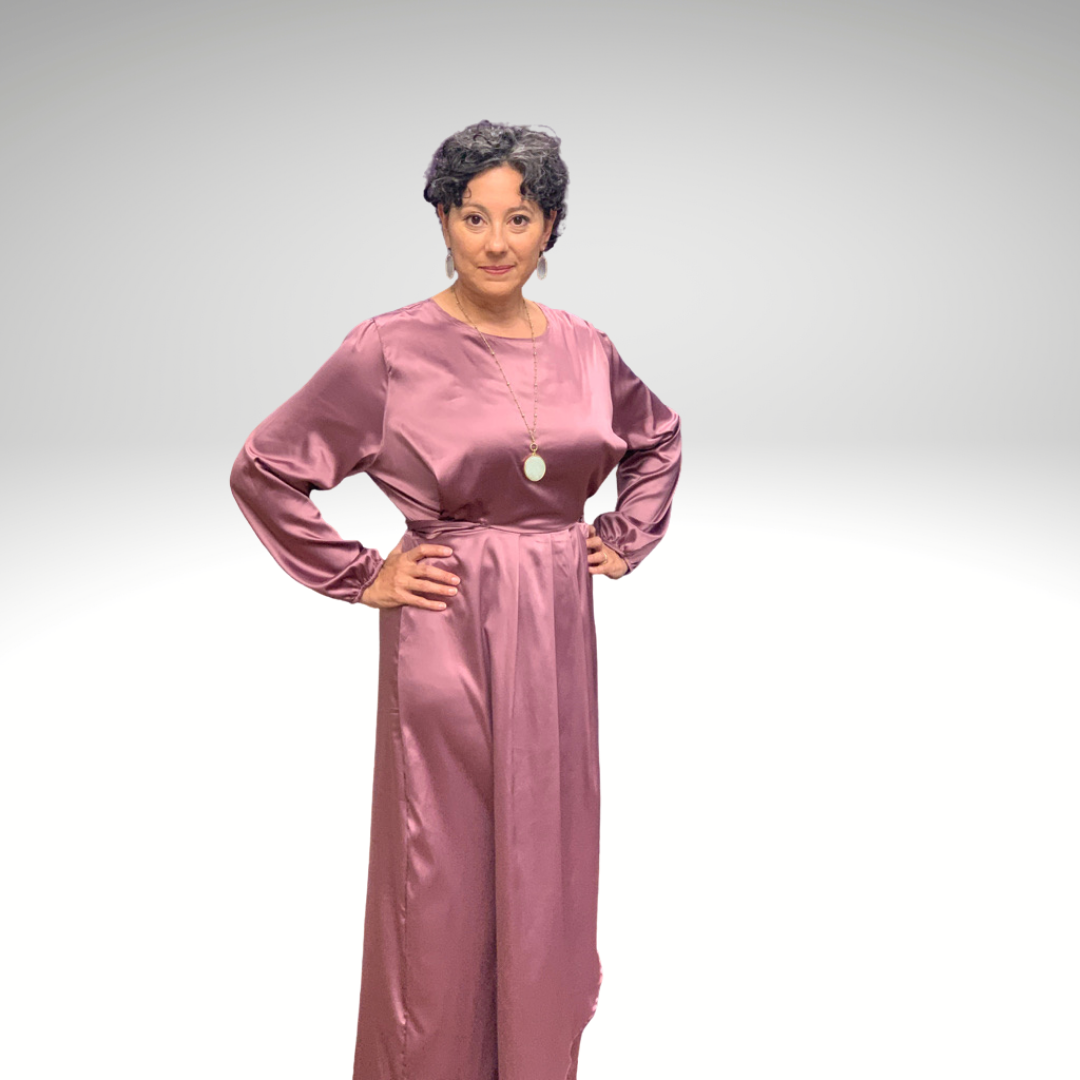 Modest Lavender Colored Satin Dress with a Wrap Around Belt