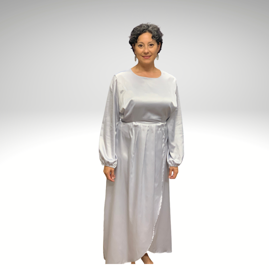 Modest Silver Colored Satin Dress with a Wrap Around Belt