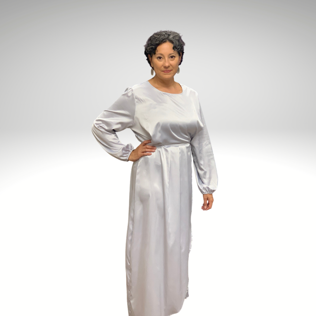 Modest Silver Colored Satin Dress with a Wrap Around Belt