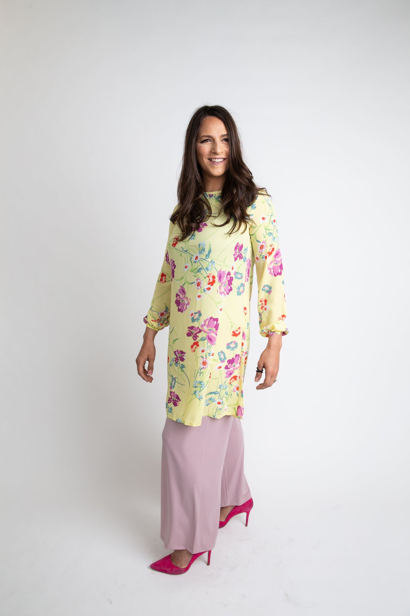 Mauve Palazzo Pants with Draw-String paired with Yellow Floral Tunic 
