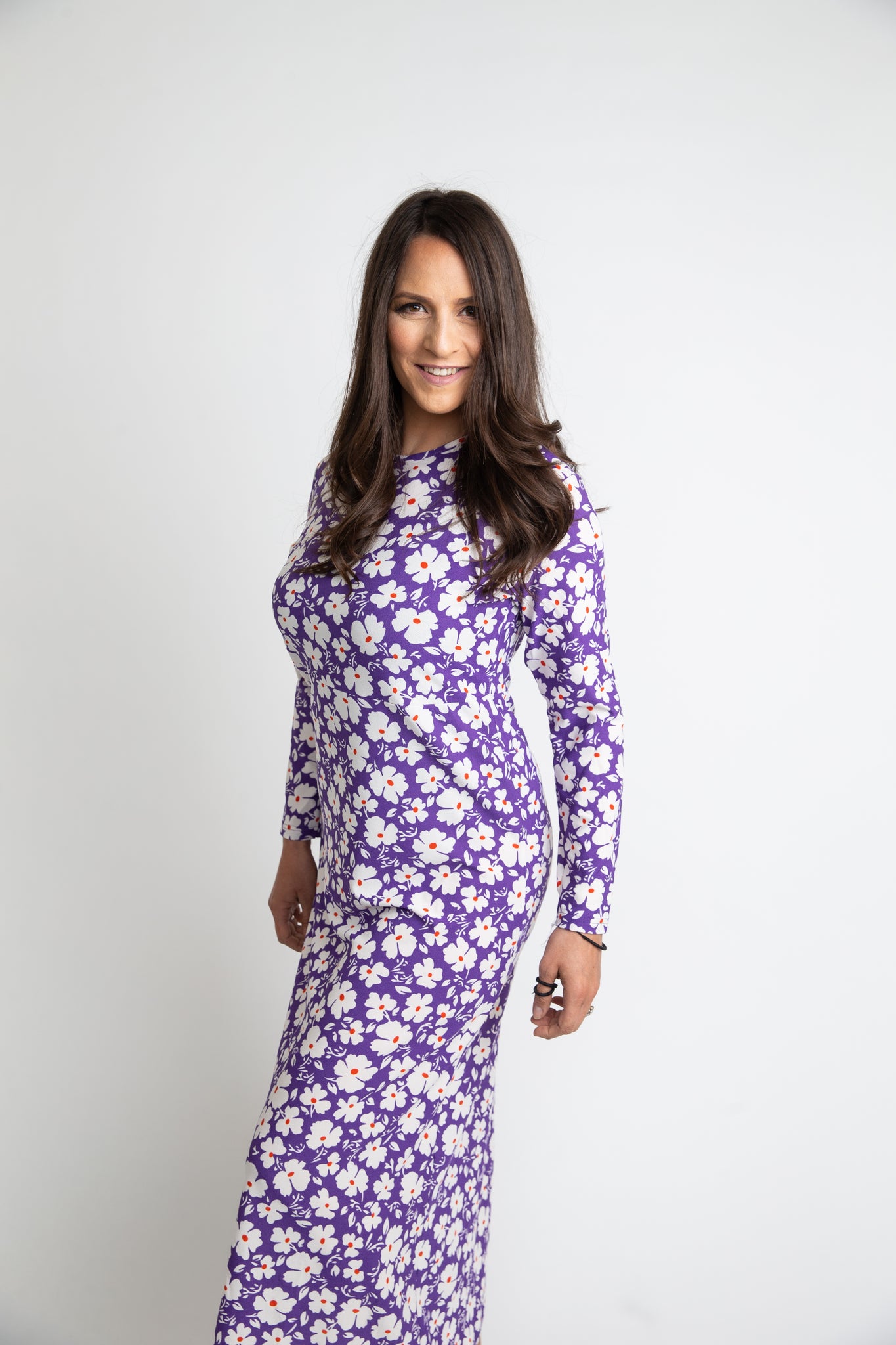 Purple with White Floral Long-Sleeved Maxi Dress 