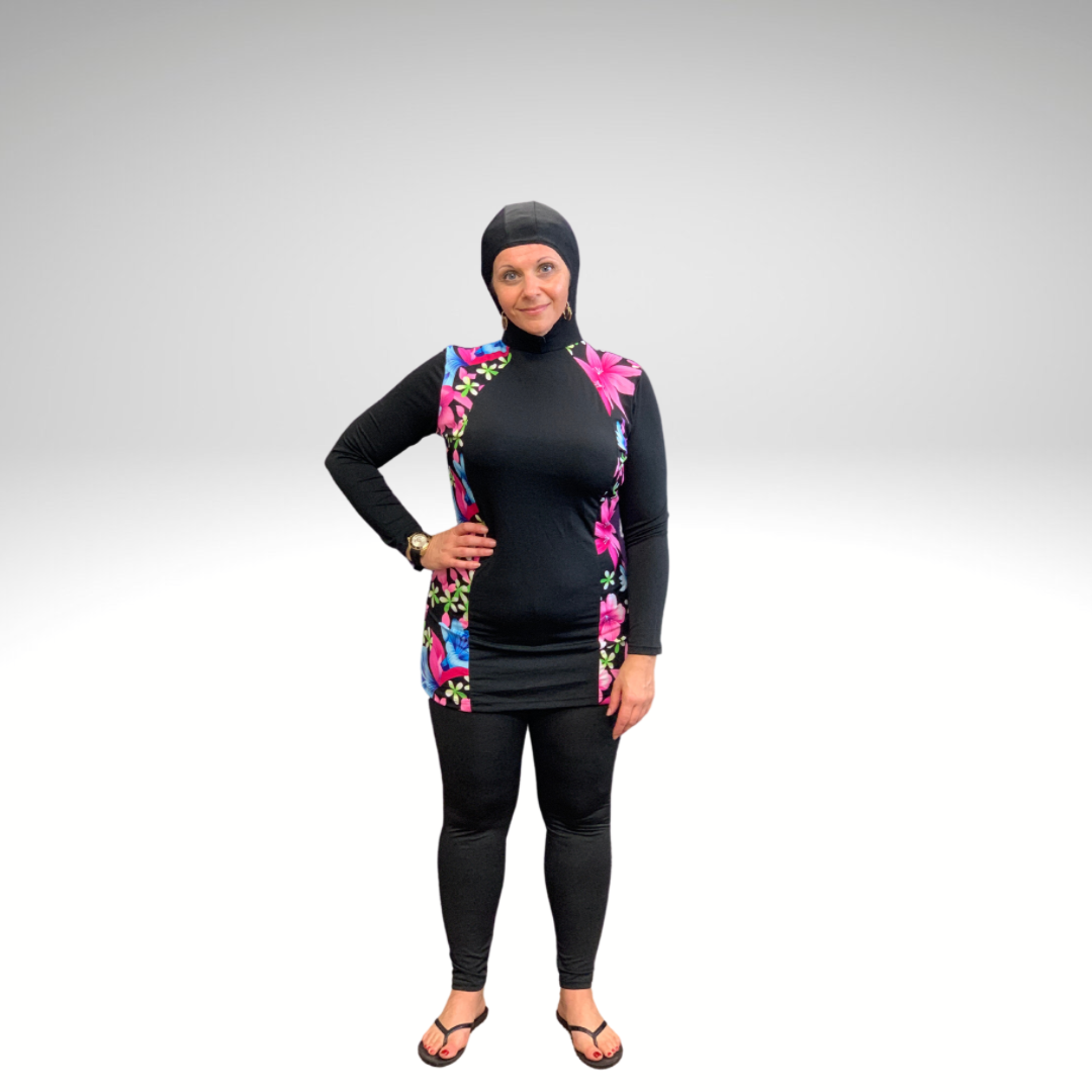 Full Coverage Modest Swimsuit,Pink & Black with Cap 