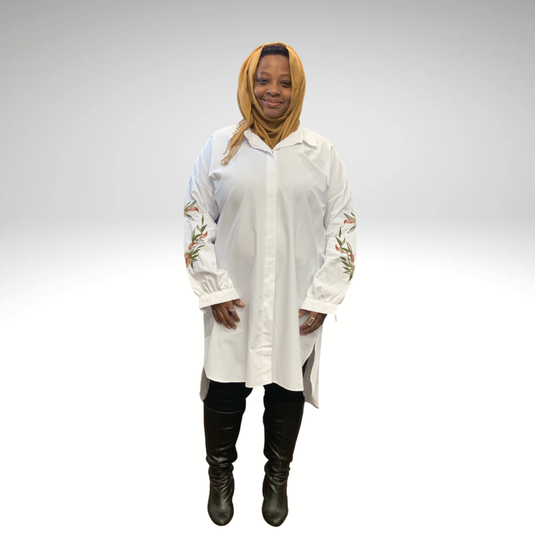 Modest Poplin Tunic with Embroidered Sleeves
