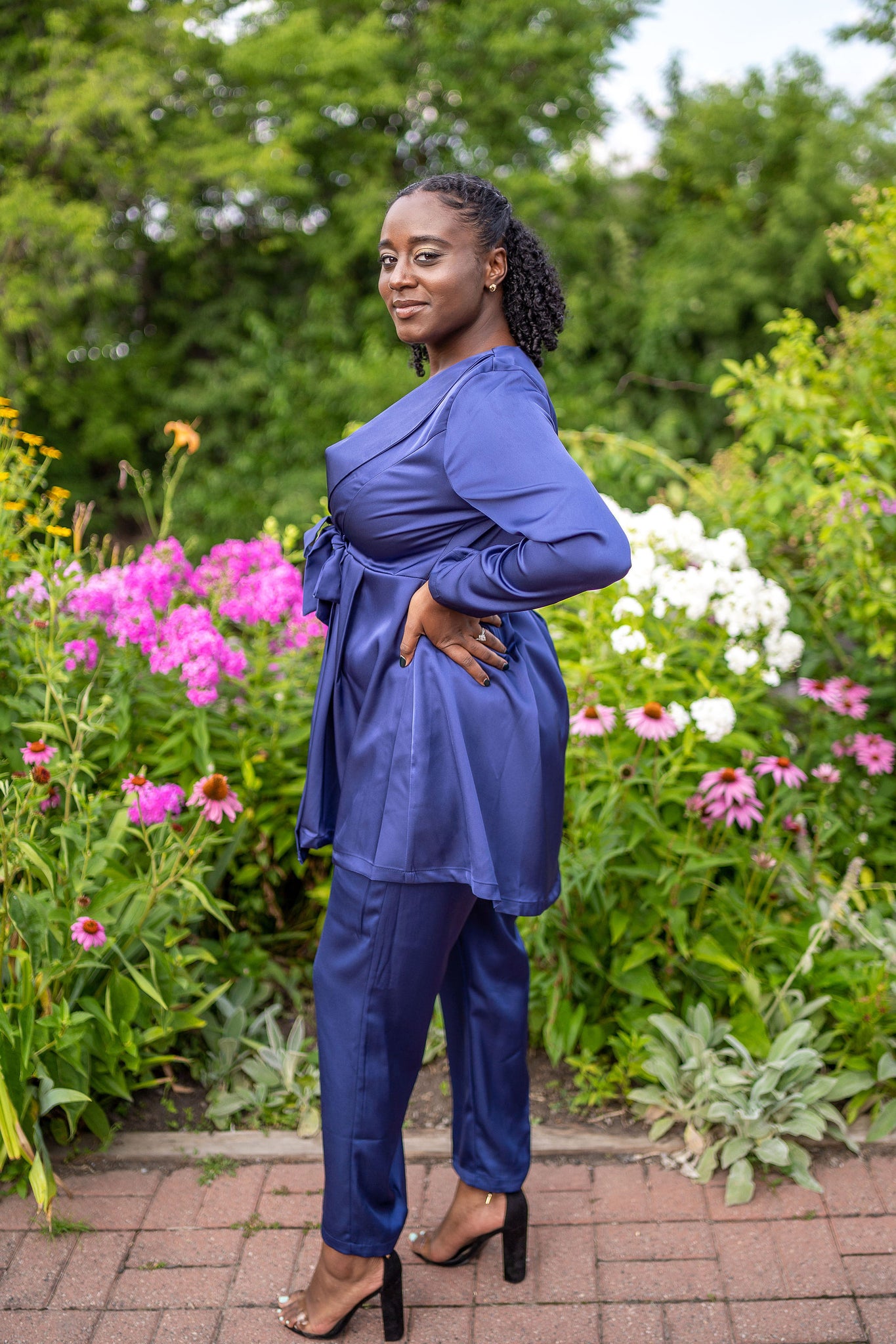 Woman in Royal Blue Two Piece Satin Suit
