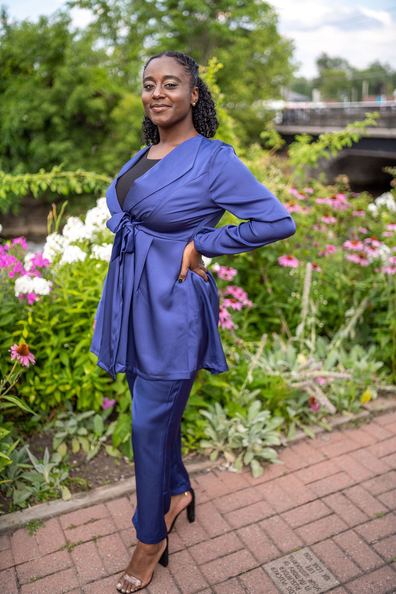 Woman in Royal Blue Two Piece Satin Suit